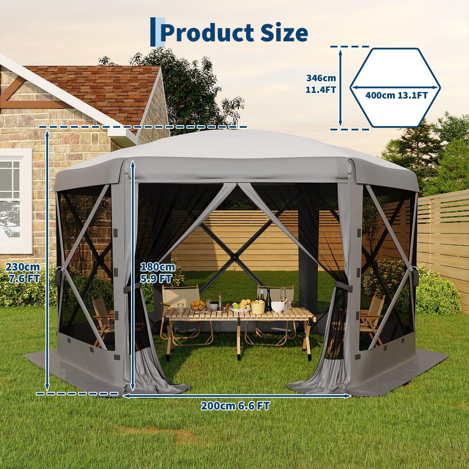 13x13FT 6-Sided Pop Up Canopy Tent，One-Push Setup Canopy Tent with Removable Canopy Top & Wind Cloths, Outdoor shelter for Camping, Backyard Parties, Outdoor Events - Grey