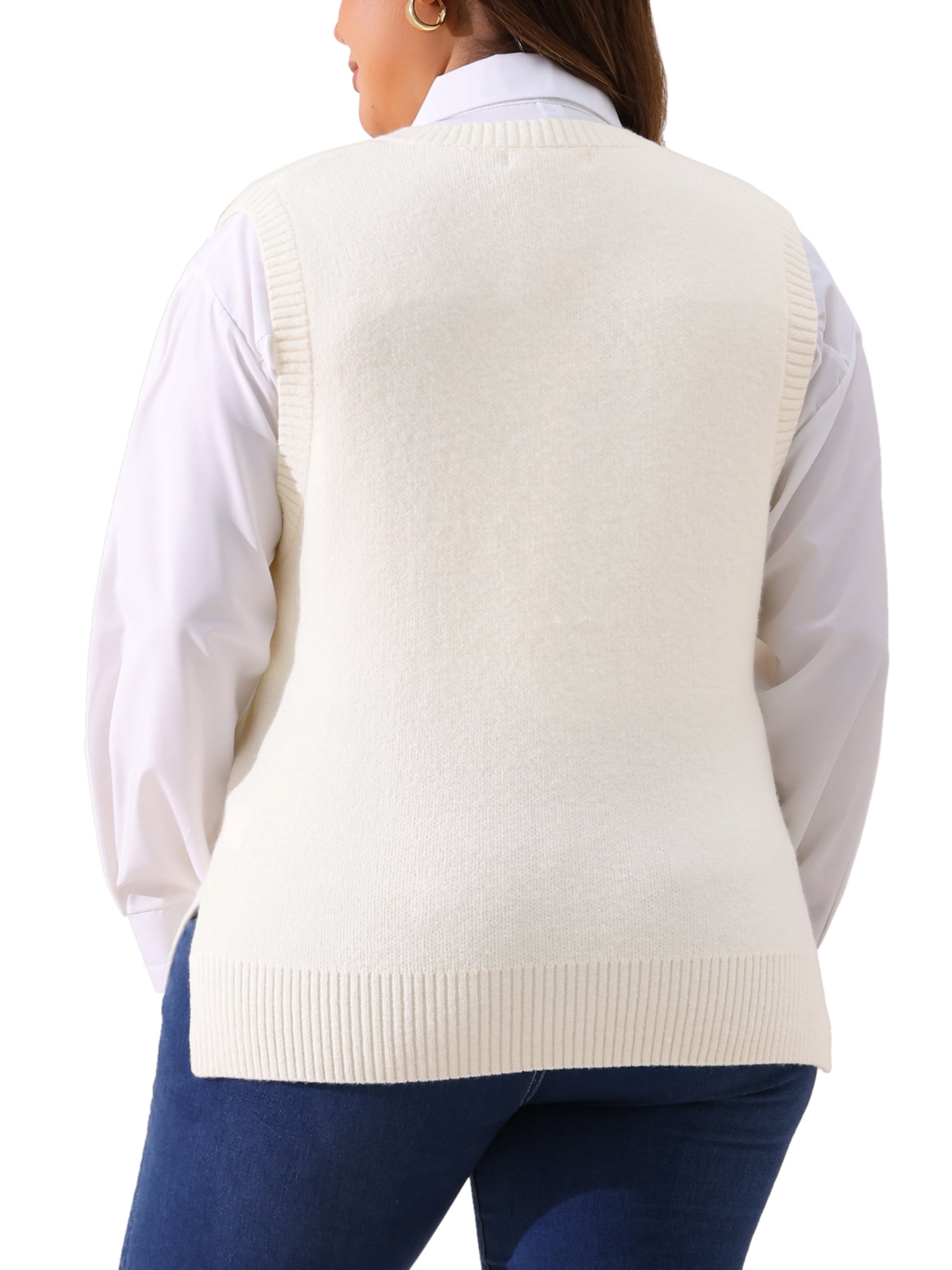 DARING DIVA Women's Plus Size V Neck Knit Sweater Vest 1X White