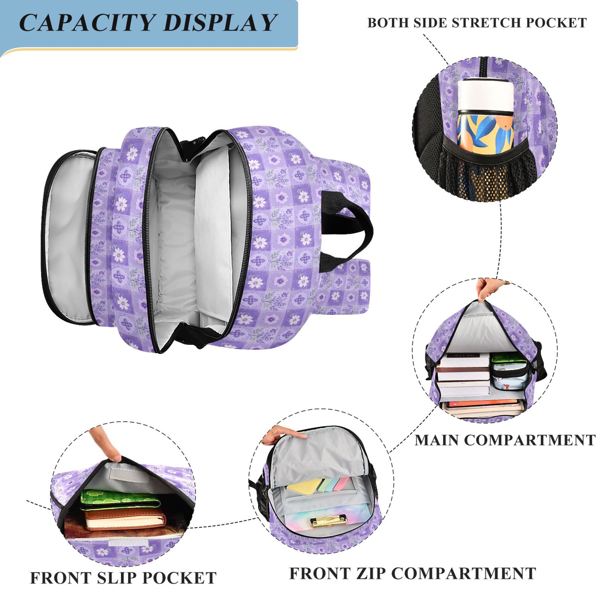 Mochila escolar para niños, unisex de 17 pulgadas, casual, con bolsillos y compartimentos, patrón de cuadros lavanda 3