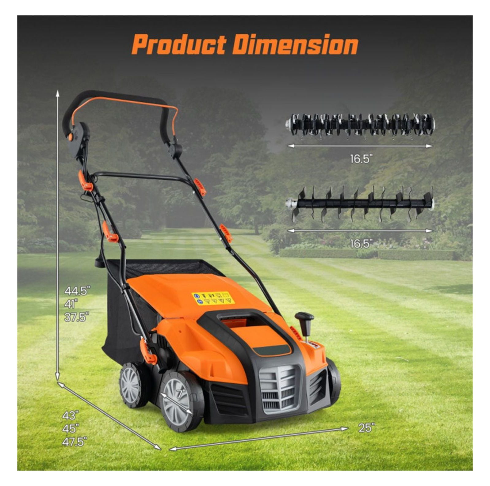 Electric Lawn Dethatcher, 16-Inch Corded Scarifier - 2-in-1 Adjustable Depth, Large Bag, Folding Design for Home Lawn Care - Orange