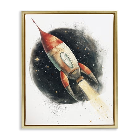 Stupell Industries Journey To Space Rocket Gold Framed Floater Canvas Wall Art design by Ray Powers