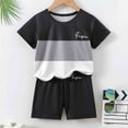 thumbnail image 2 of Tfken Boys Outfit Sets For Summer Crew Neck Short Sleeve Stripe Tops With Print Shorts Set Casual Summer Baby Cute Outfit Black Size 7-8 Years, 2 of 3