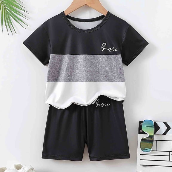 Angala 2 Piece Outfit For Big Boys Colorblock Long Sleeve Crew Neck T Shirt Shorts Set Boy Fall Casual Wear
