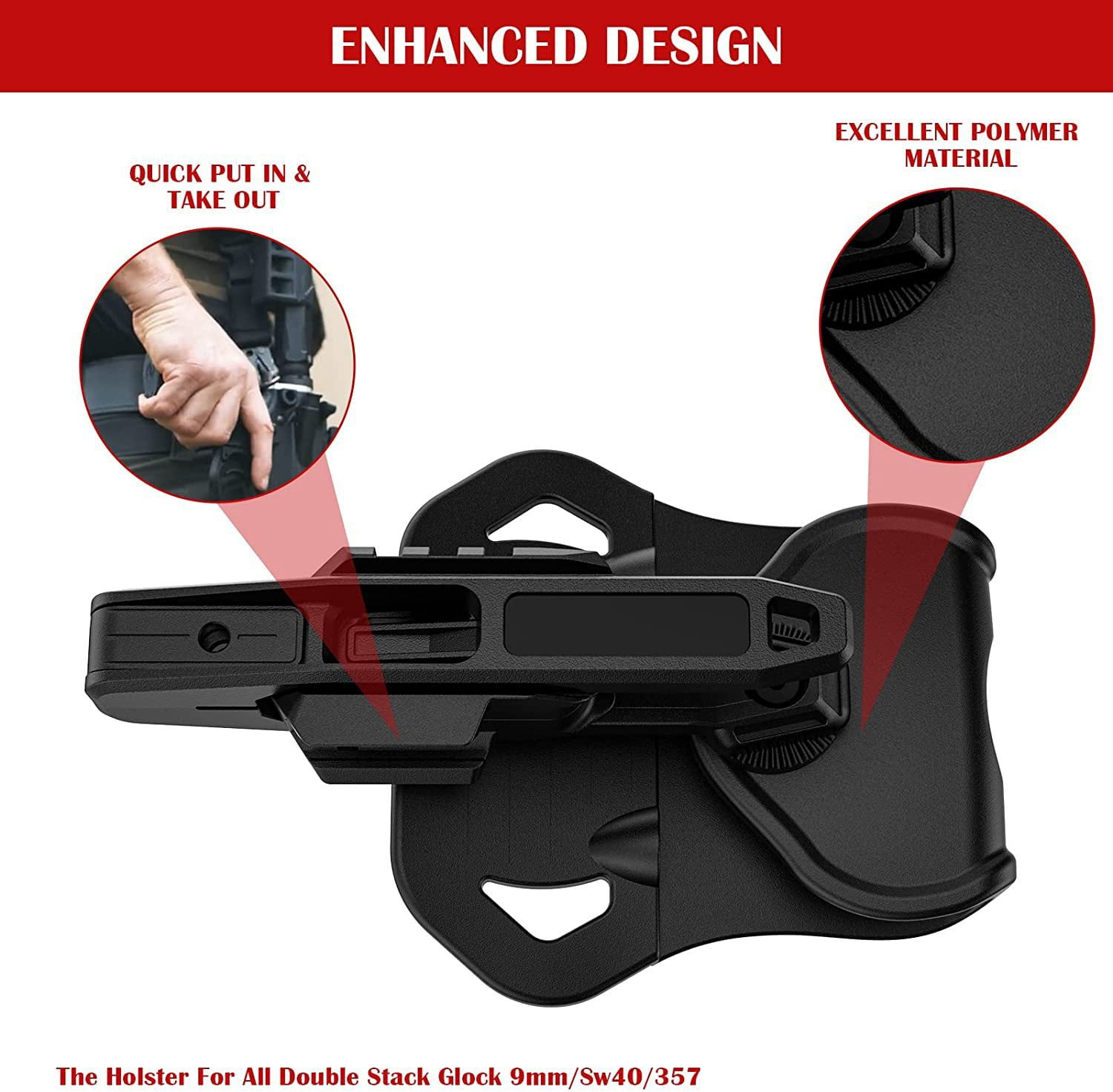 Suitable for all Double Stack Glock 9mm/SW40/357 holsters with integrated rails
