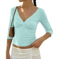 thumbnail image 3 of QASIEATN Womens 3/4 Sleeve Deep V Wrap Neck Ruched Crop Tops Summer Open Back Tshirt Slim Fit Classic Blouse Tee Fall Fashion Outfits, 3 of 9
