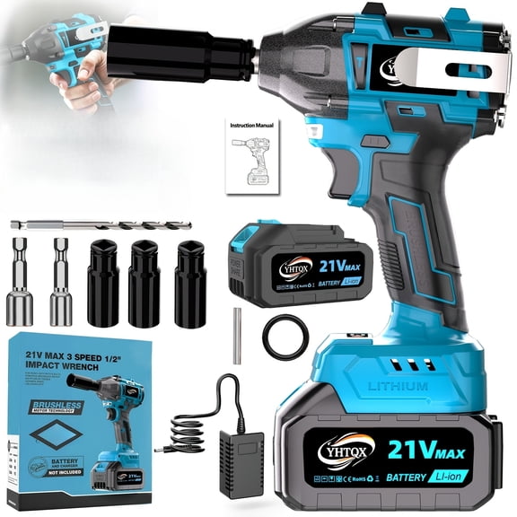 Impact Wrench 1/2 Impact Gun,optional 0-3600RPM,4-Speed Torque Settings (200/600/1200/1600N.m),21V Electric Cordless Impact Wrench Driver,3/8" Adapter,6Ah Battery & 2.0Ah