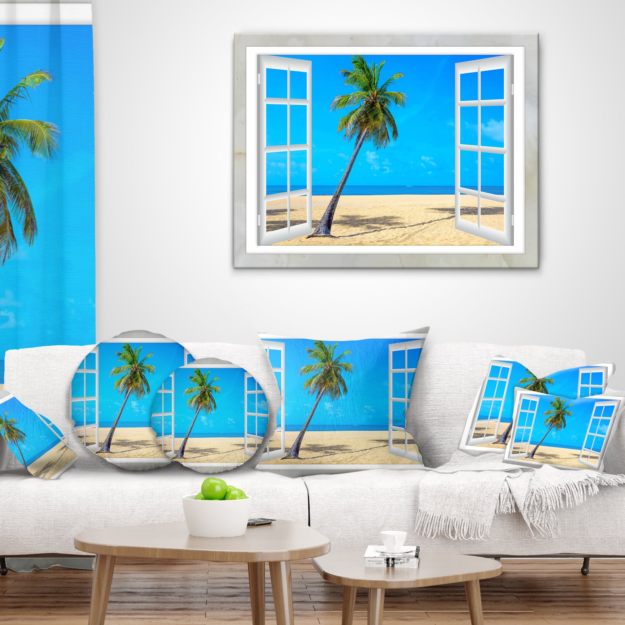 Designart Open Window to Beach with Palm - Seashore Throw Pillow - 18x18