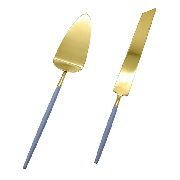 Koyal Wholesale Modern Wedding Cake Knife And Server Set - 2-Piece Gold Cake Cutter & Server With Dusty Blue Handle