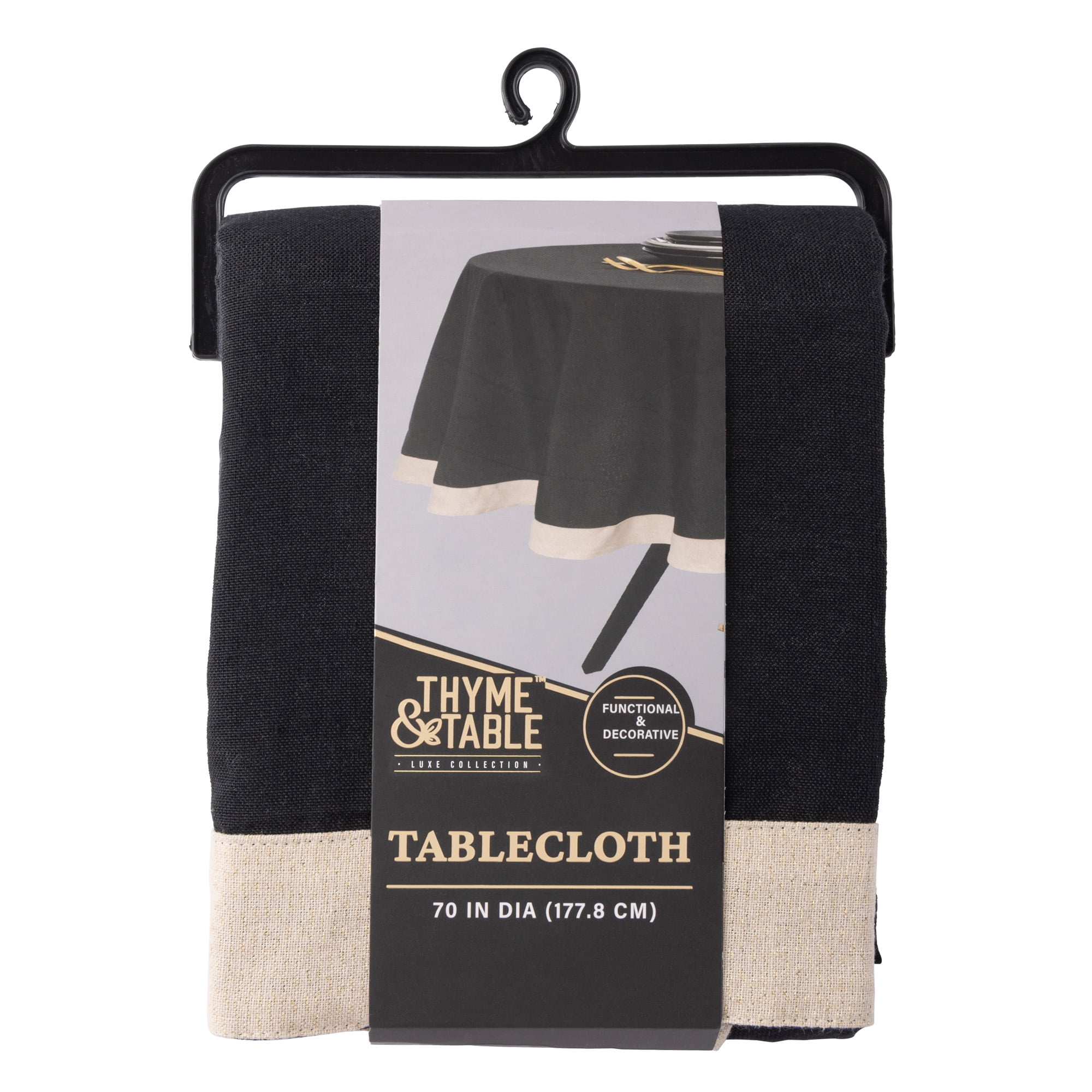 Thyme & Table 70" Round Tablecloth, Black with Gold Lurex Border