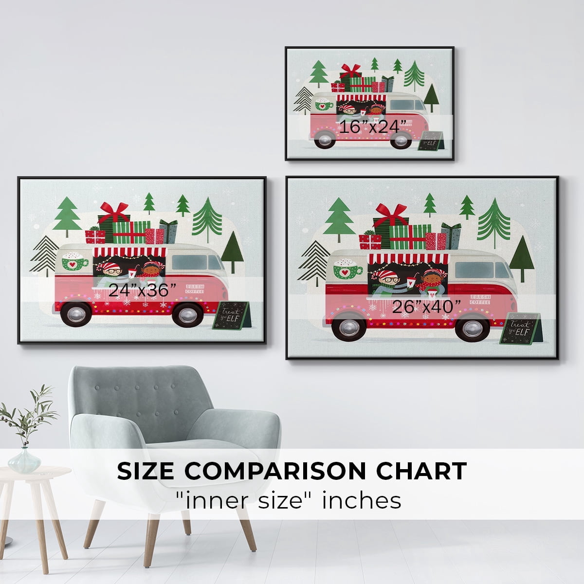 Santa's Foodtruck Collection A - Framed Gallery Wrapped Holiday Canvas - 25 x 37 - Black Frame