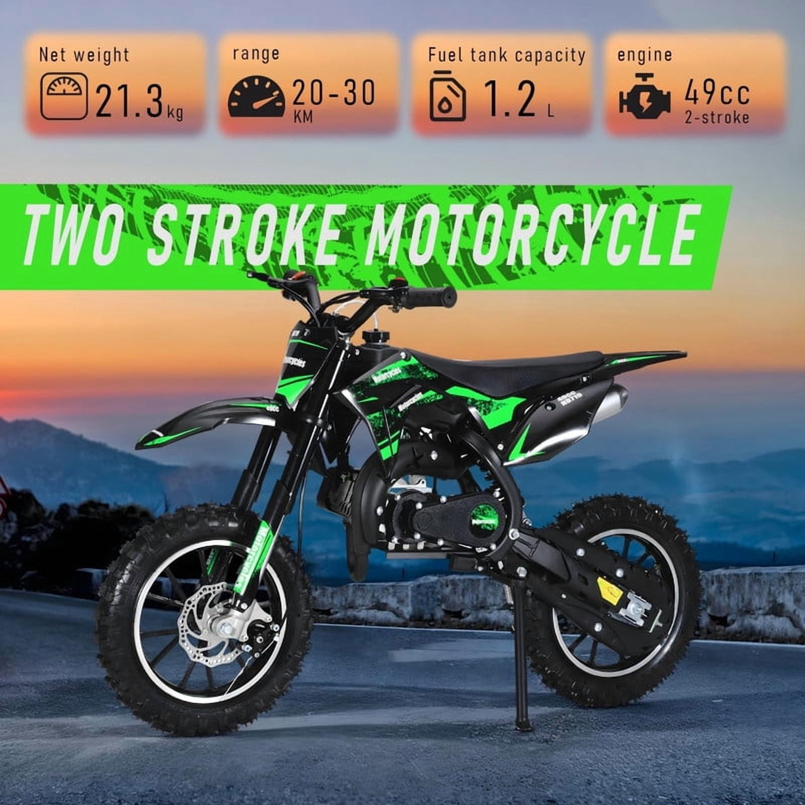 Seipouy 49cc Kids Dirt Bike - 2-Stroke Mini Motorcycle with Front and Rear Disc Brakes, Shock Absorption, Soft Seat Cushion & Off-Road Tires for Kids and Teens