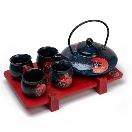 - THY COLLECTIBLES Contemporary Art Decor Porcelain 5 PCS Tea Set Teapot Teacup With Wooden Stand