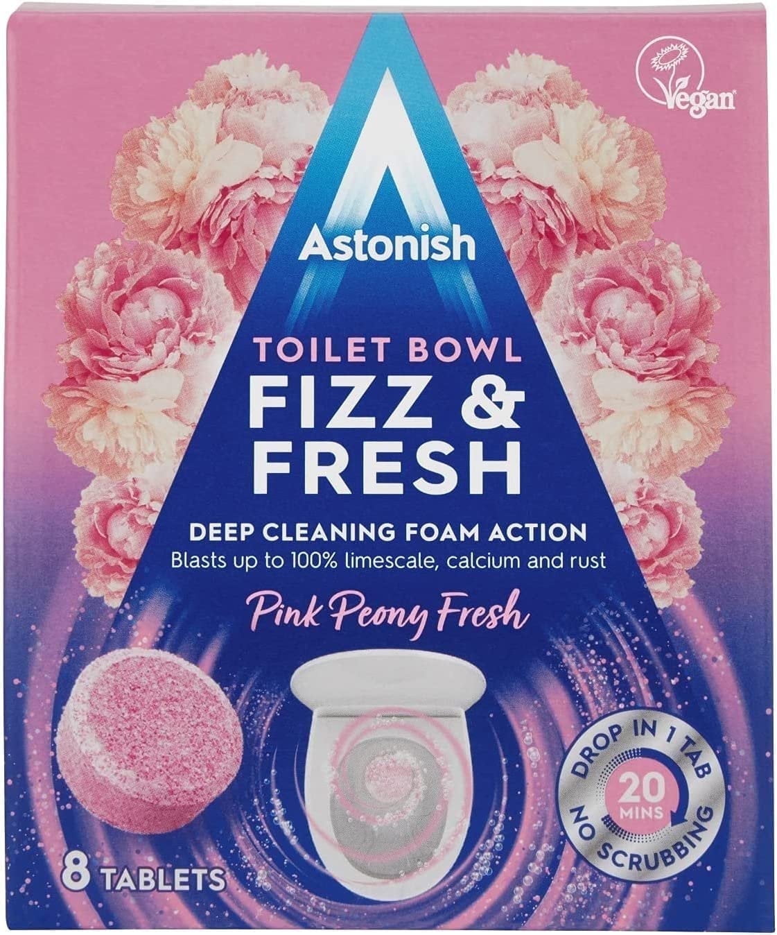 Astonish Pink Peony Fizz & Fresh Toilet Bowl Tablets - Deep Cleaning Foaming Formula - Removes Limescale, Calcium & Rust 8 Fresh Peony Scented Vegan Tablets