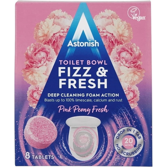 Astonish Pink Peony Fizz & Fresh Toilet Bowl Tablets - Deep Cleaning Foaming Formula - Removes Limescale, Calcium & Rust 8 Fresh Peony Scented Vegan Tablets