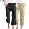thumbnail image 2 of ibuvkizy Summer Capri Pants for Women Cotton Linen Capris,2PC Fashion Womens Casual Solid Color Elastic Loose Pants Straight Wide Leg Trousers with Pocket, 2 of 8