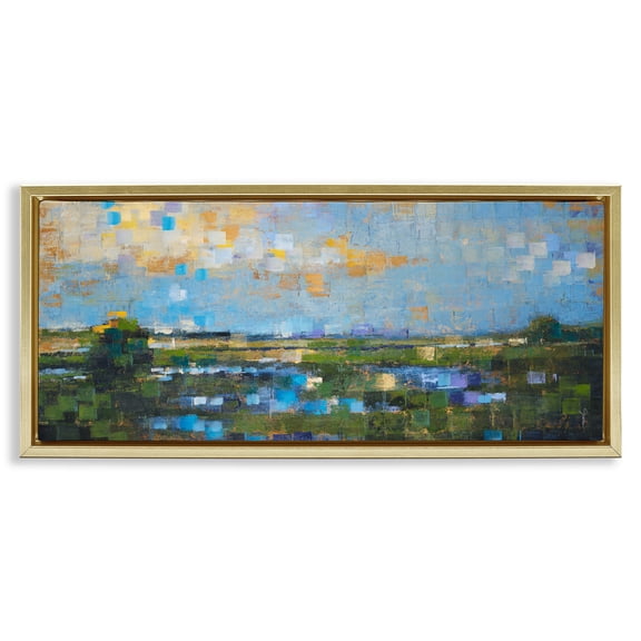 Stupell Industries Contemporary Brushed River Landscape Gold Floating Frame Canvas Art, 31 x 14, by Liz Jardine