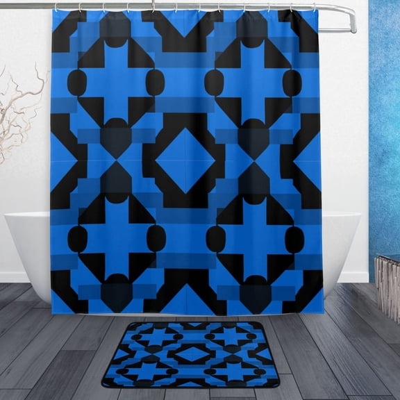 TTYFWHD 60" x 72" Shower Curtain and Bath Mat Set Dark Blue Black Plaid Waterproof Bathroom Curtain with 12 Hooks, Bathroom Decor Set