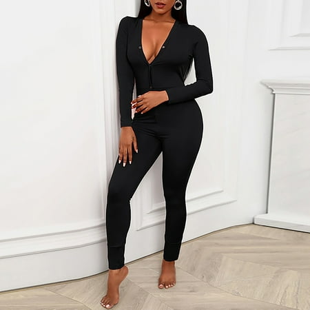 

Inkach Women Casual Deep-V Solid Button Romper Long Playsuit Strap Jumpsuit