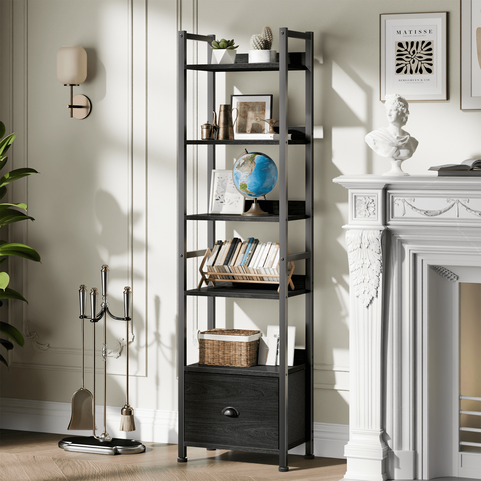 Satifur 6 Tier Industrial Bookcase with Single Removable Drawer, Adjustable Foot Pads, Black Oak Standing Storage Shelf for Living Room & Entryway