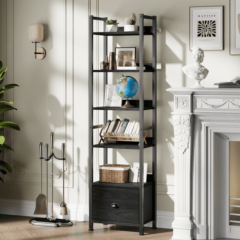 Satifur 6-Tier Industrial Bookcase with Drawer, Black Oak photo 6