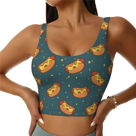 Qokaie Hot Dog 6 Pattern Womens Scoop Neck Sports Bra Breathable Workout Vest Padded U Back Medium Impact Fitness Gym Yoga Bra Workout Crop Top-Large