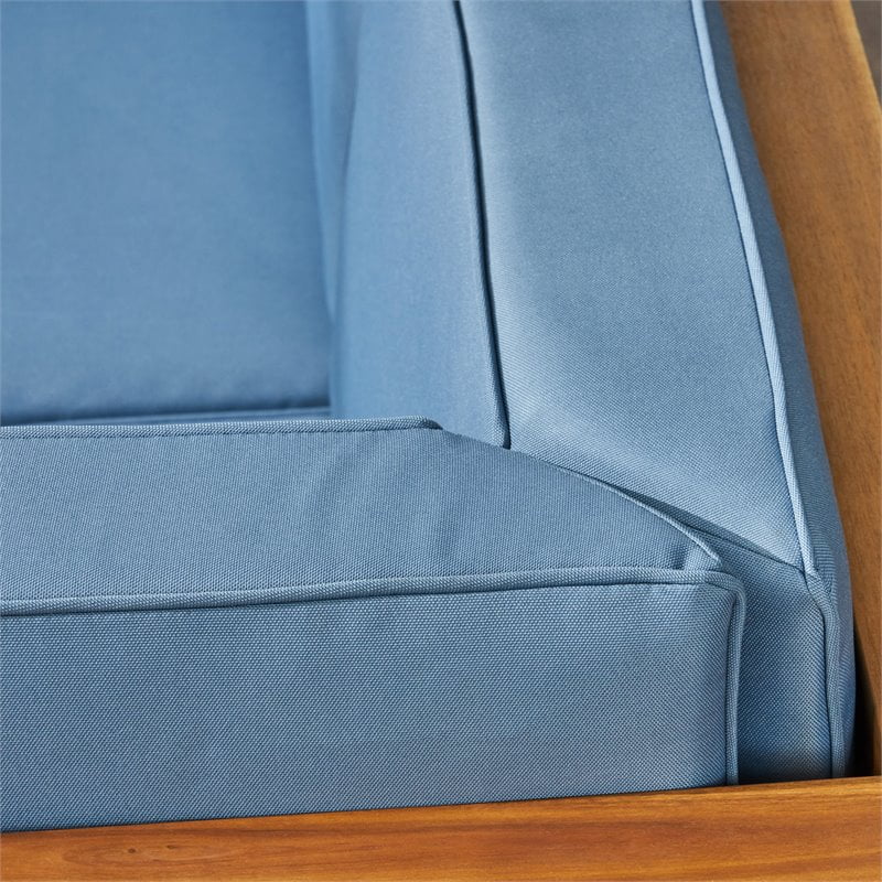 Elisha Outdoor 7 Piece Acacia Wood Sectional Sofa Set with Cushions and Fire Pit, Teak, Blue, Light Gray