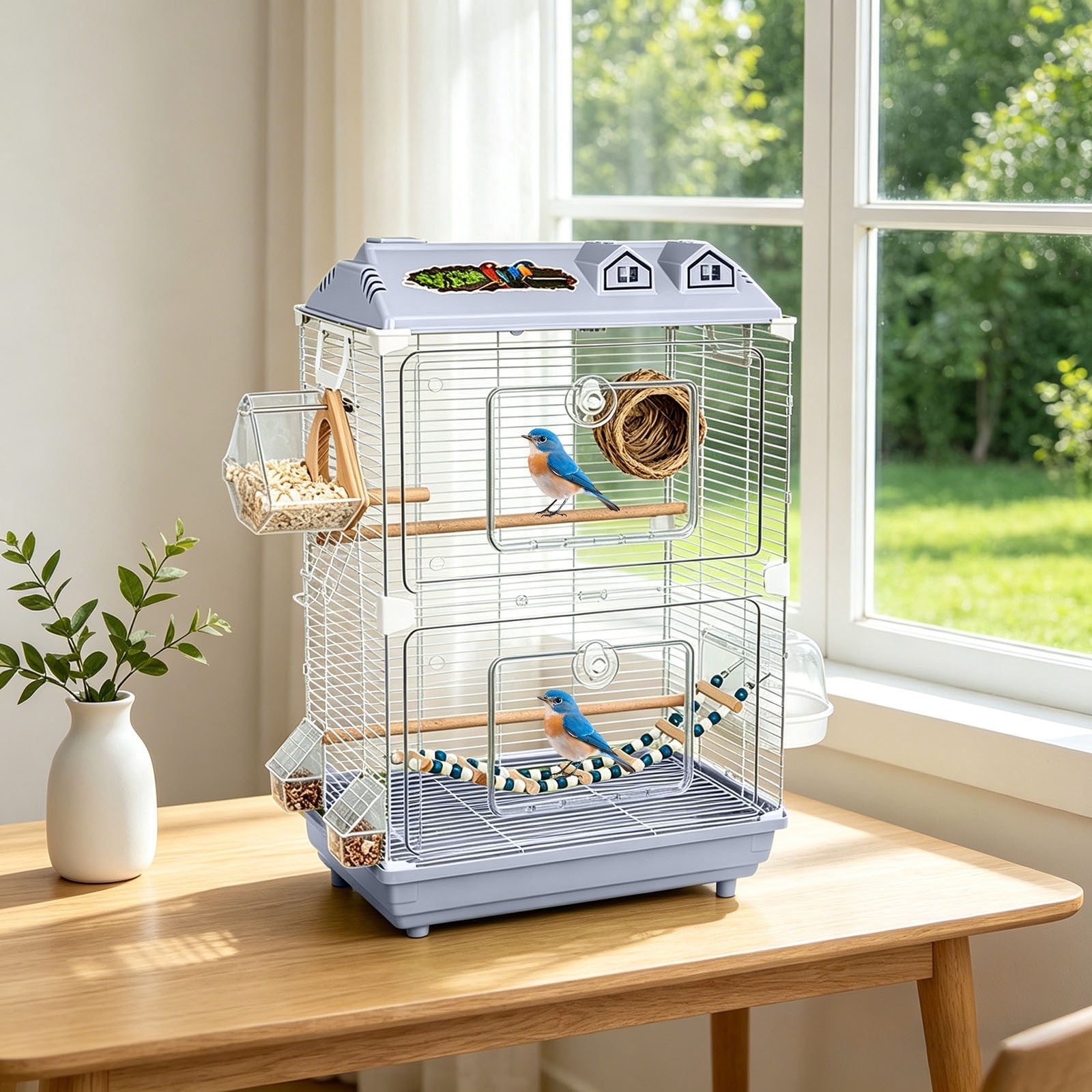 Large Wrought Iron Rolling Bird Cage with Detachable Stand Spacious Flight Aviary for Parakeets Finches Small Pet Birds | 18.50x11.81x30.31 in Grey
