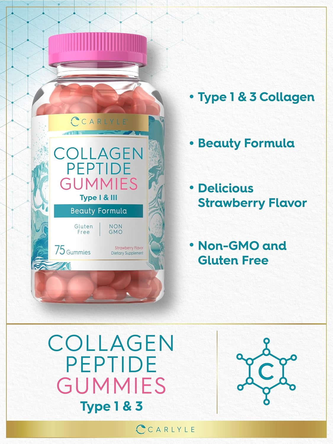Collagen Gummies | 180 Count | Type 1 & 3 | Strawberry Flavor | by Carlyle