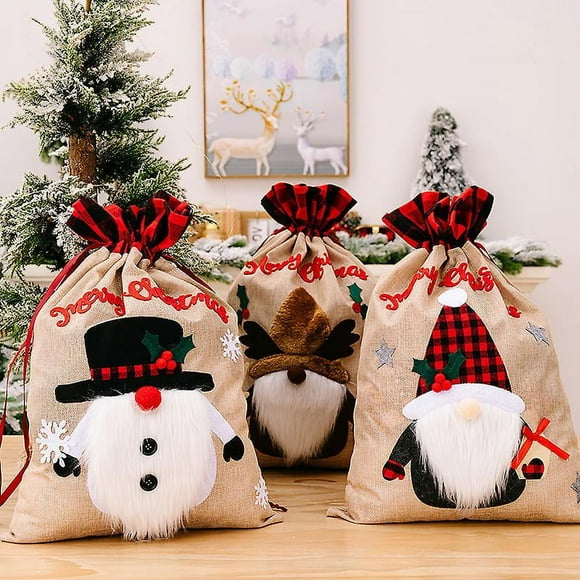 SHAR 3pcs Sac Cadeau Pour La Nouvelle Dcoration De Nol, Vieux Bonhomme De Neige, Cerf, Lin Carreaux, Sac Cadeau Pour L'ambiance Des Ftes, Fournitures De D
