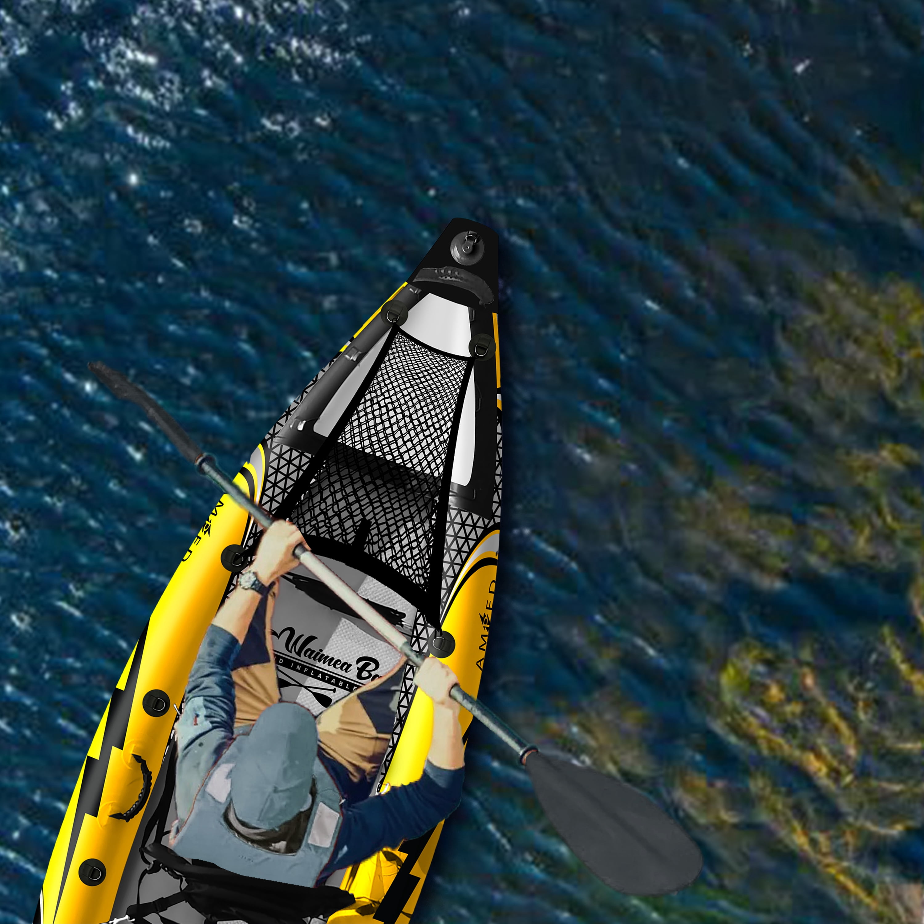 Waimea Bay Rigid Inflatables Amped Inflatable Kayak | 12.8 Ft Giant Inflatable Portable Two-Seater Kayak Includes Paddles, Aluminum Oars, Hand Pump and Detachable Fin | Blow Up Heavy Duty Kayaks