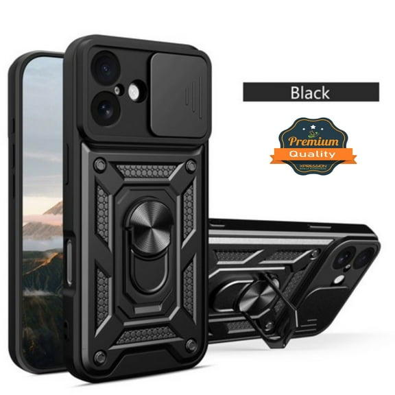 For Apple iPhone 17 Heavy Duty Case with Magnetic Ring Stand & Sliding Camera Protector [Black]