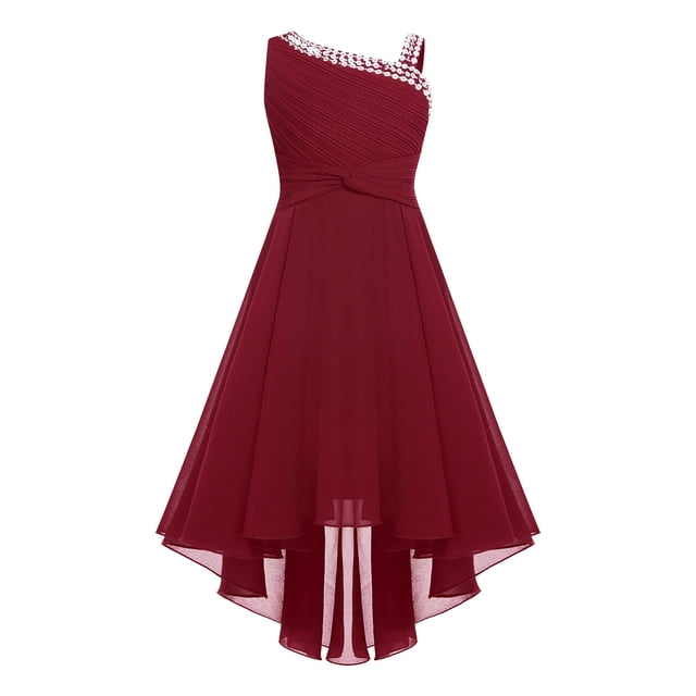 Miaeowve Robe Haute Basse à Sequins pour Filles Robe Sans Manches en Chiffon Froncée pour Mariage Bal Formel Bourgogne 8