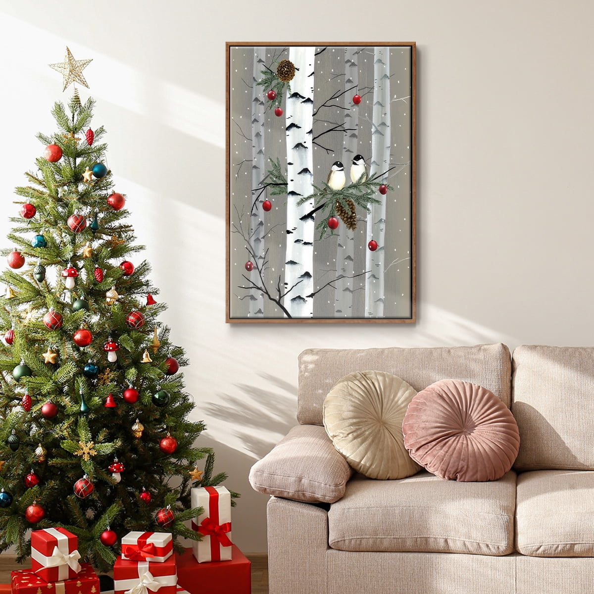 Birch Birds I - Framed Gallery Wrapped Holiday Canvas - 17 x 25 - Rosewood Frame