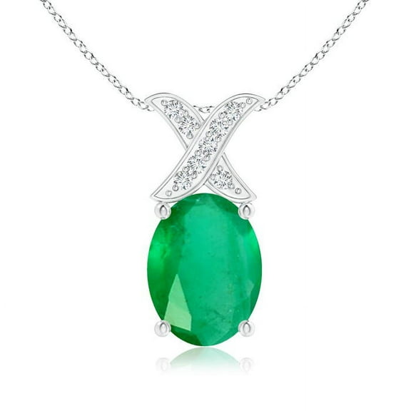 ANGARA Natural Oval 1.1 ct Emerald XO Pendant with Diamonds in 14K White Gold for Women (Size-8x6mm) | May Birthstone, Birthday, Anniversary, Jewelry Gift for Women | Natural Emerald Necklace