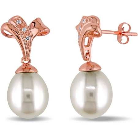 Miabella 9.5-10mm White Rice Cultured Freshwater Pearl and Diamond-Accent Rose Rhodium-Plated Sterling Silver Flower Dangle Earrings