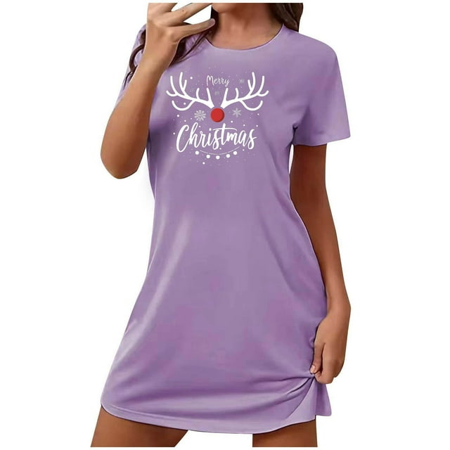 Camisón corto navideño para mujer, talla grande, con cuello redondo estampado y mangas cortas, para el pecho.