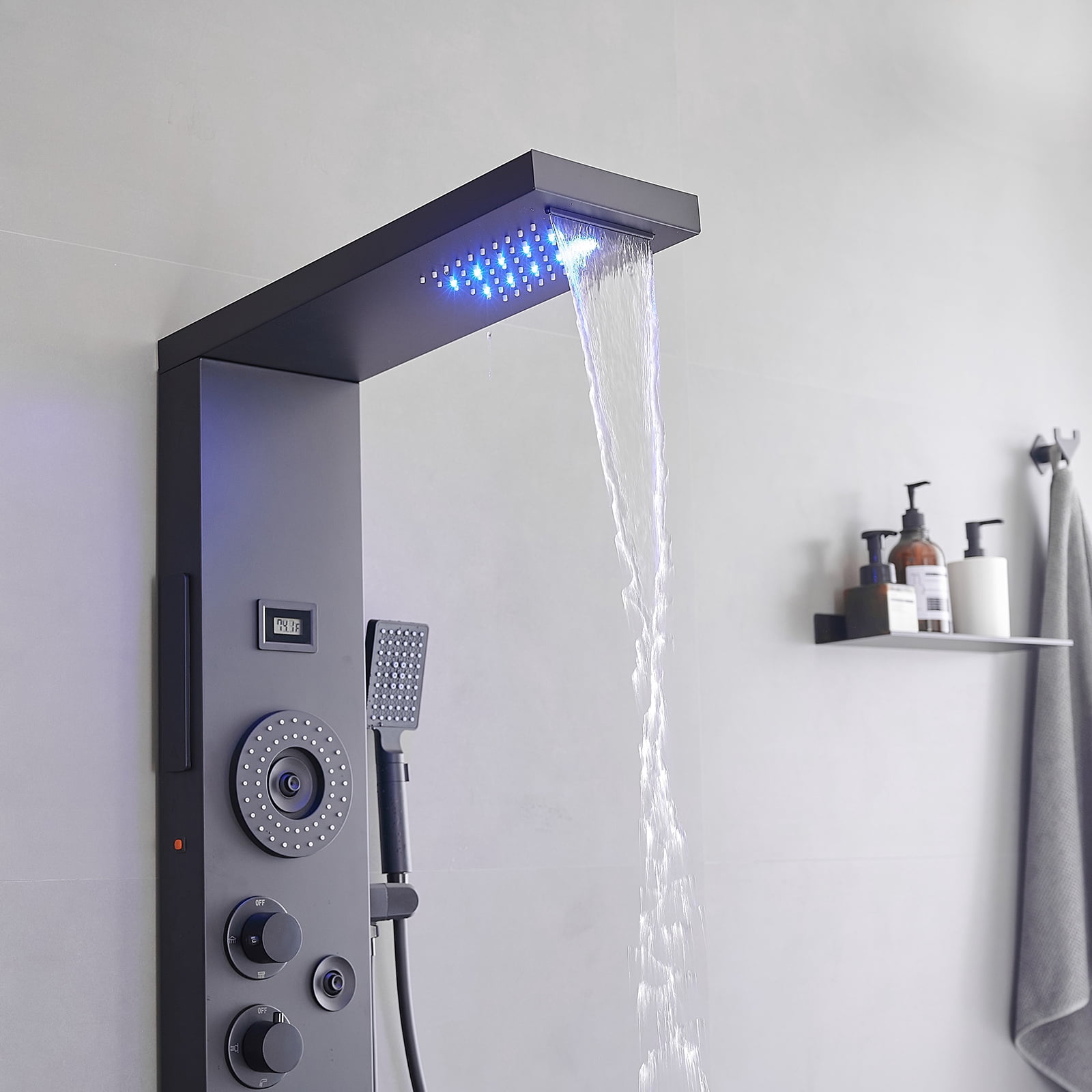 5-Jet Rainfall Shower Panel System with Rainfall Waterfall Shower Head and Shower Wand With LED Light in Stainless Steel