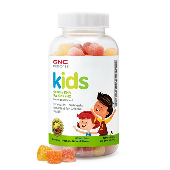 GNC Milestones Kids DHA Gummies, Kids Ages 2-12, For Eye and Brain Function & Development, Healthy Teeth & Bones, With Vitamin A & D, Omega-3s, Raspberry Lemon, 120 Gummies