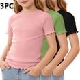 thumbnail image 2 of KyCheLot 3 Pack Ribbed Knit Tops for Girls Crew Neck Solid Color Short Sleeve T-Shirts Trendy Ruffle Trim T-Shirts, 2 of 5