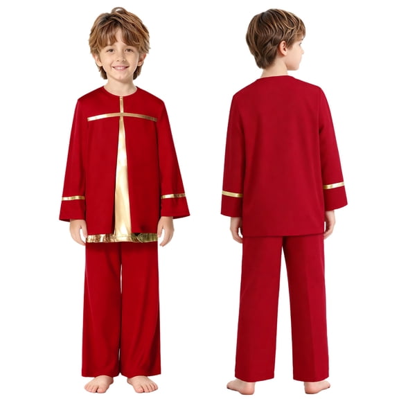 renvena Boys 2 Piece Worship Liturgical Outfits Long Sleeve Praise Dance Pullover Tops with Wide-Leg Pants Set Red 6