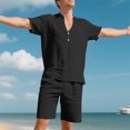 thumbnail image 2 of Yievot 2 Piece Short Sets for Men Summer Beach Outfits Linen Henley Shirts & Shorts Casual Vacation Set, 2 of 8