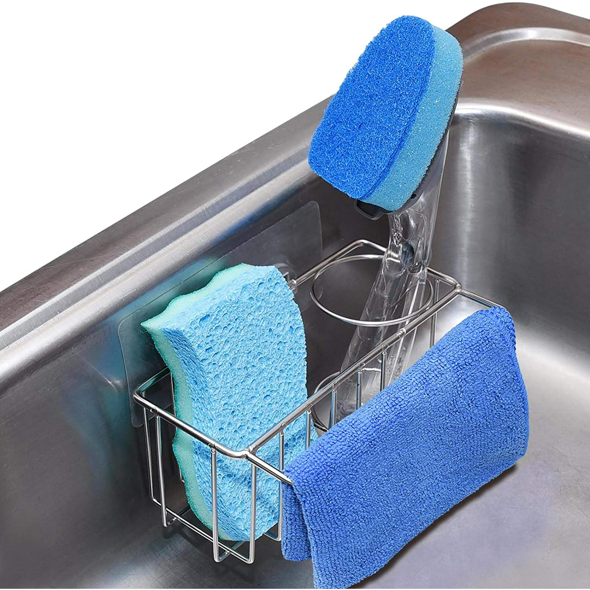 Adhesive Stainless Steel Sponge Holder Brush Holder Dish Cloth Hanger 3 in 1 Kitchen Sink Caddy Rust Proof Water Proof No Drilling Walmart