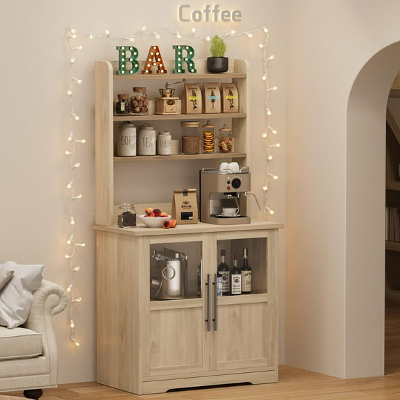 6 Tier Baking Shelf with Power Outlet with Storage in Small Farmhouse Kitchen Closet with Doors and Thickened Countertop for Coffee Bar, Microwave, Kitchen Storage Shelves