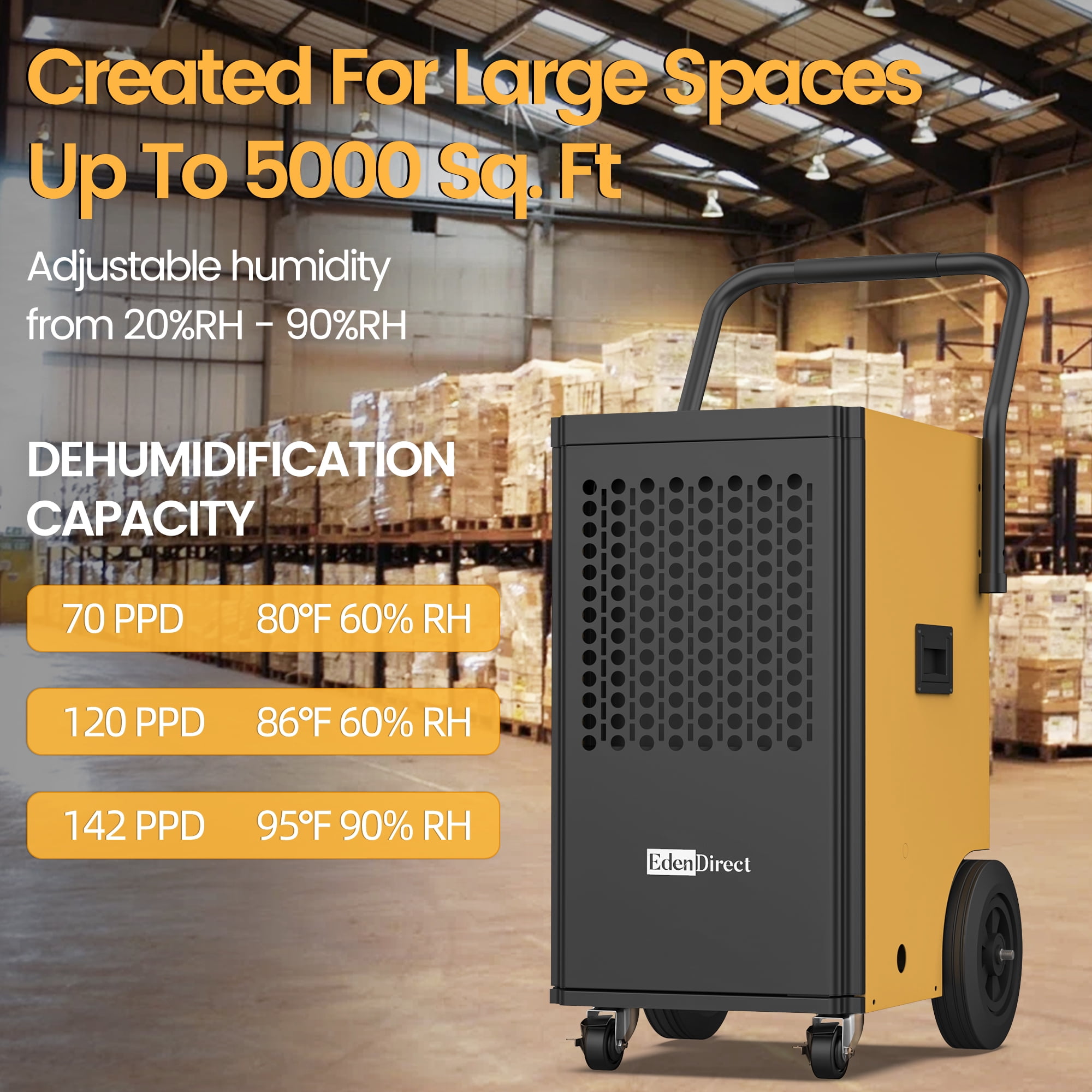 142pt. 5,000 sq. ft. Buckless Commercial Dehumidifier, with Drain Hose, Pump for Basement in Yellow