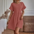 thumbnail image 4 of ATOYSOY Womens Dresses Spring Crew Neck Pleated Cotton Linen Dress Loose Beach Sundresses Summer Solid Color Short Sleeve Casual Dresses (Red,XXL), 4 of 7