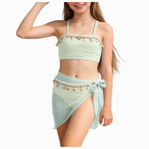 Bosanter Girls Swimsuit 3 Piece Bikini Bathing Suit Solid Cover Ups Beach Skirt Swimsuit Set Cute Bikini Swimwear, Light Green 10-11Y