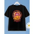 thumbnail image 1 of Halloween T-shirt - Letter Print with Cartoon Pumpkin & Witch Hat Design, Short Sleeve Round Neck Casual Top for Outdoor Sports, Beach, Running, and Daily Wear - Spring/Summer/Fall Collection, 1 of 6