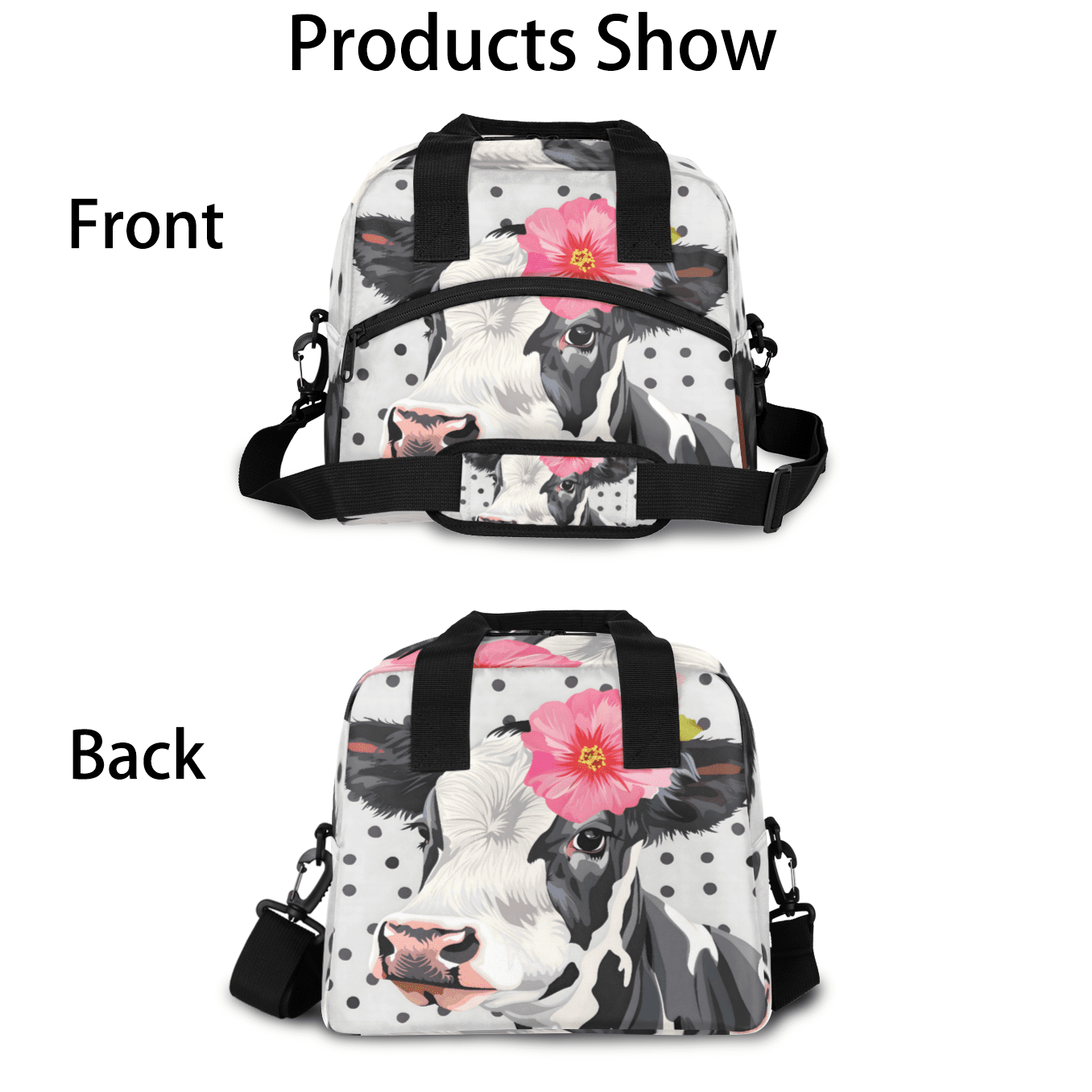Herdesigns Cute Floral Cow Insulated Lunch Bag for Women Men Adults Large Reusable Lunch Box Leakproof Portable Cooler Tote Bags with Adjustable Shoulder Strap