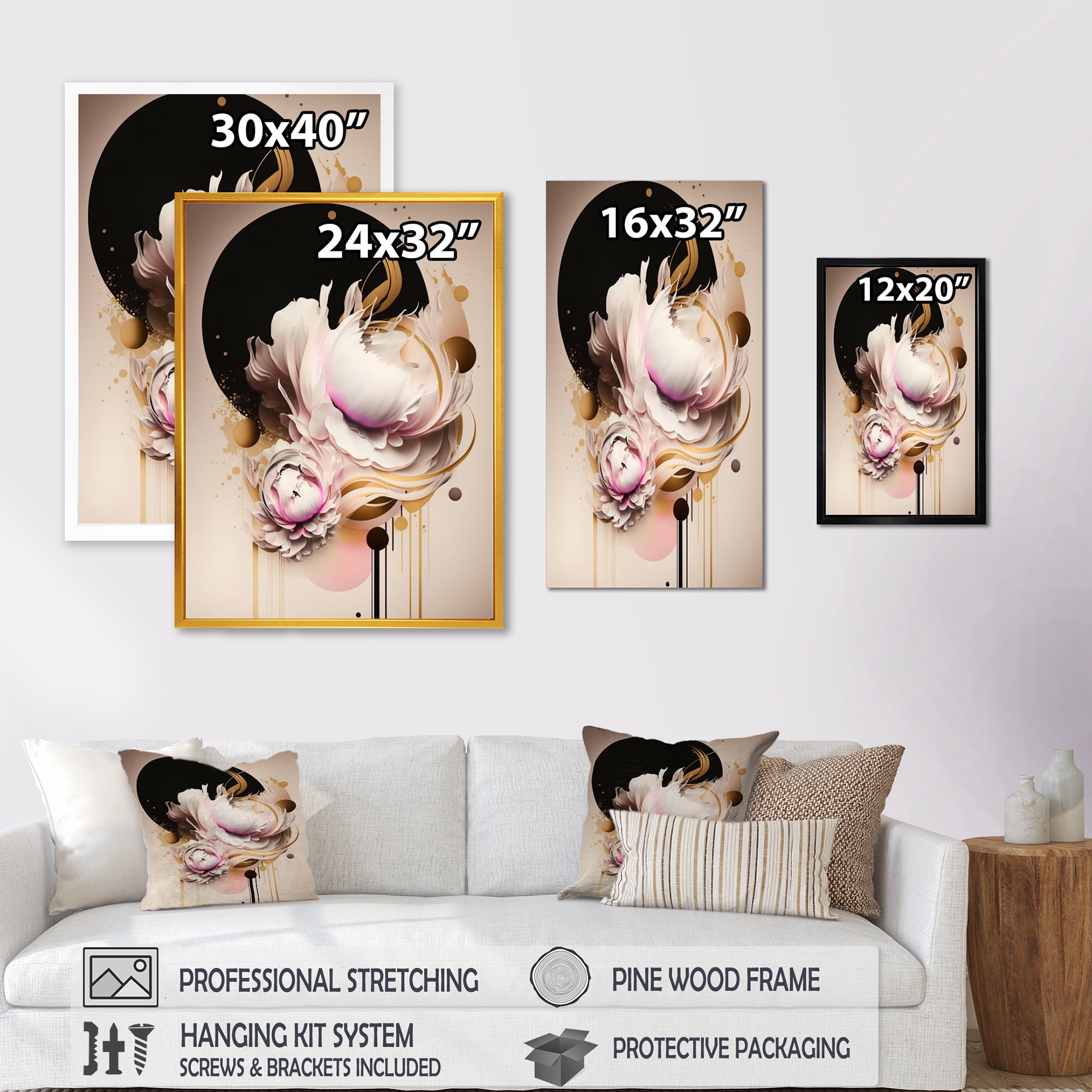 Designart Beige And Pink Peony Flowers Hyperrealistic IV Canvas Wall Art