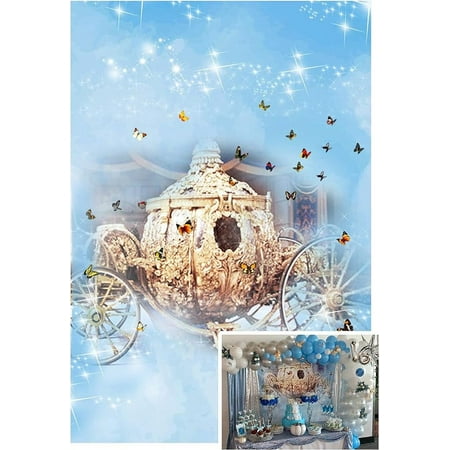 Image of Baocicco Cinderella Carriage Fairy Tale Backdrop 5x7ft Photography Background Dreamy Blue Foggy Butterfly Shiny Lights Children Stories Girl Dream Prince Beautiful Love